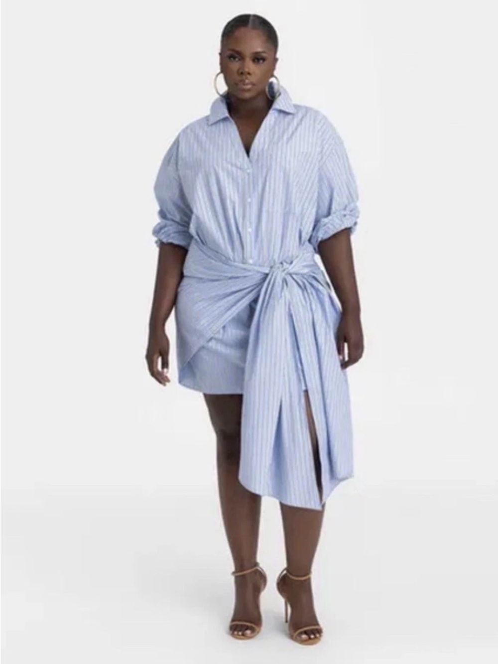 KBB by KAHLANA Long Sleeve Tie Waist Shirtdress Light Blue Strip Size Medium New